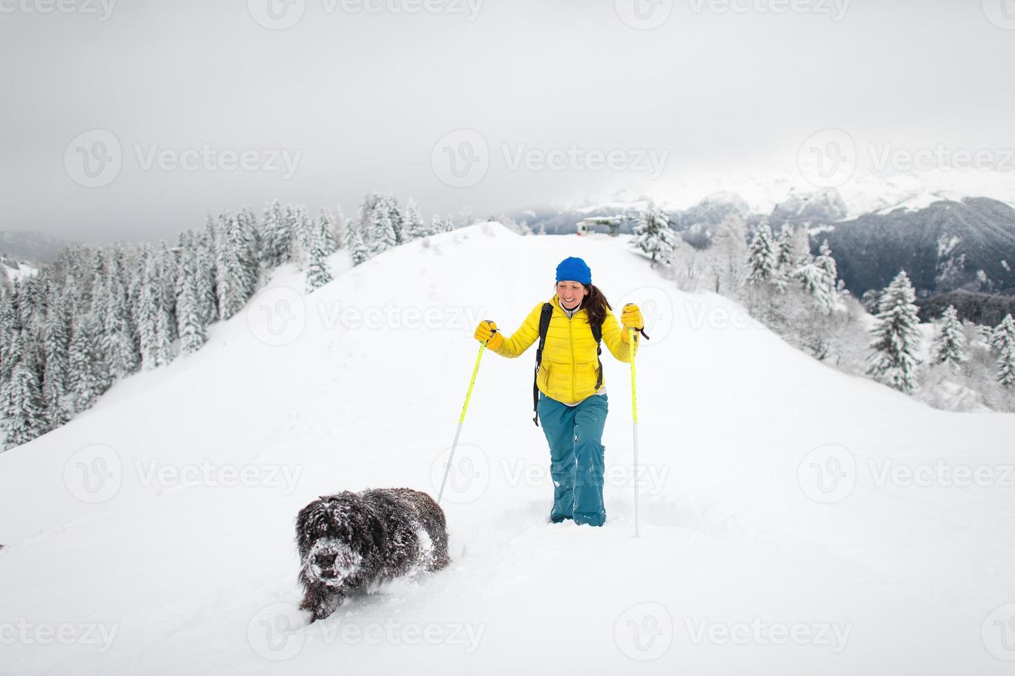 een hond en zijn matresse alleen in de bergen met veel sneeuw foto