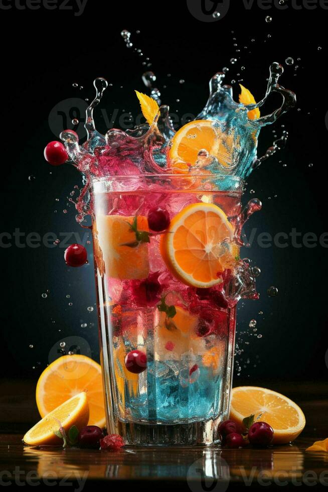 kleurrijk cocktail met ijs, fruit, spatten Aan een donker achtergrond foto