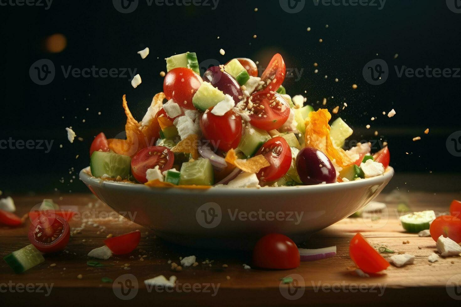 Grieks salade vliegend ingrediënten creatief dramatisch licht generatief ai foto