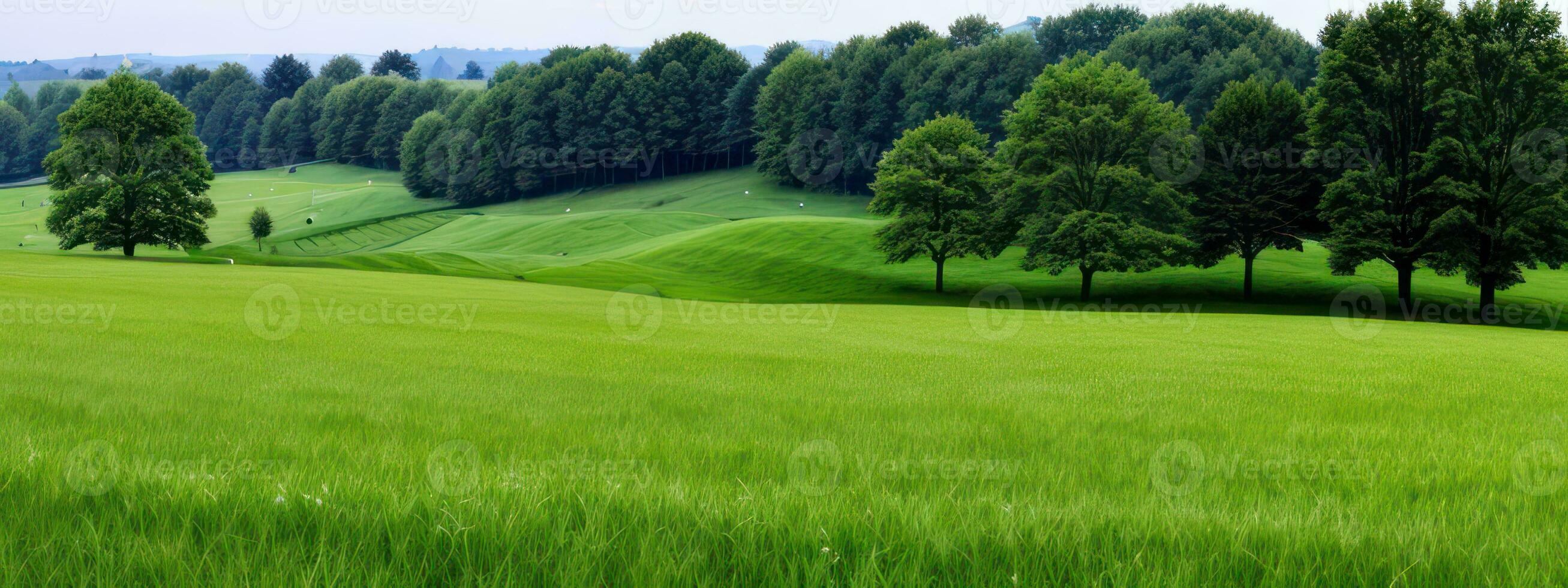 mooi groen weide en bomen landschap natuur voor achtergrond gemaakt met ai generatief foto