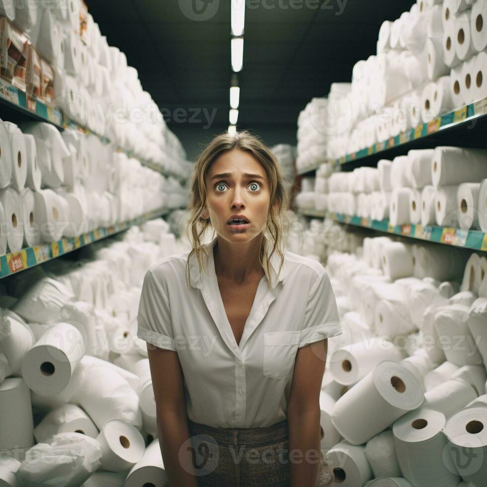 toilet papier torens - vrouw verbijsterd reactie naar paniek buying ai generatief foto