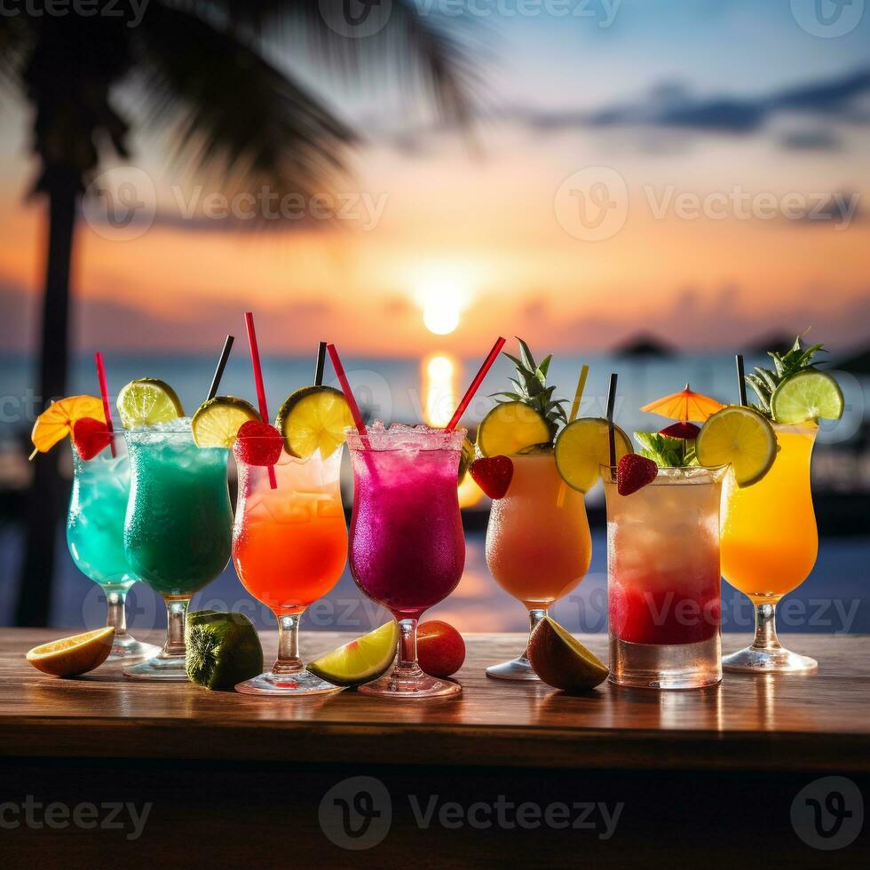 rangschikking van levendig exotisch cocktails tegen tropisch strand backdrop Bij schemer ai generatief foto