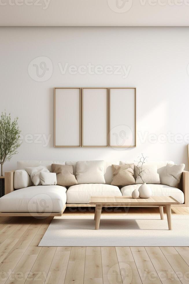 modern en minimalistische interieur leven kamer ontwerp met uitgebreid kopiëren ruimte voor Op maat tekst ai generatief foto