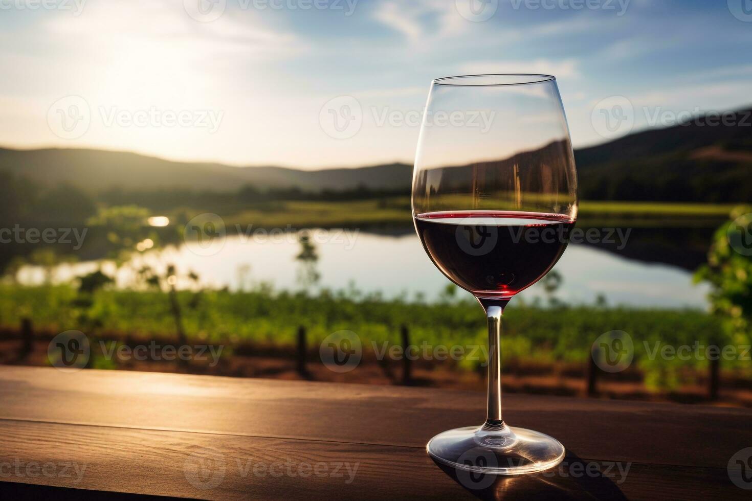 detailopname van glas van rood wijn reflecterend wijngaard landschap aanbieden sereen sfeer ai generatief foto