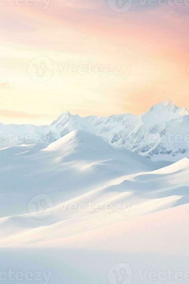 onaangeroerd besneeuwd berg landschap onder de zacht gloed van een instelling zon ai generatief foto