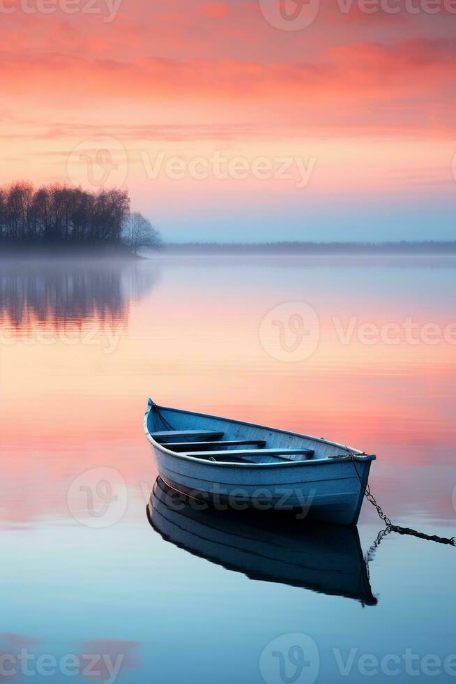 vredig dageraad over- een kalmte meer met een eenzaam roeien boot in de afstand ai generatief foto