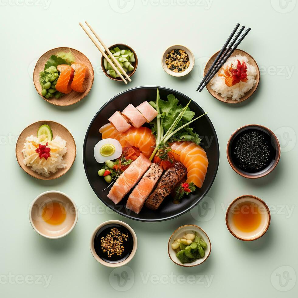 top visie van een gemakkelijk Aziatisch maaltijd ramen knoedels en sushi illustreren verschillend smaken ai generatief foto
