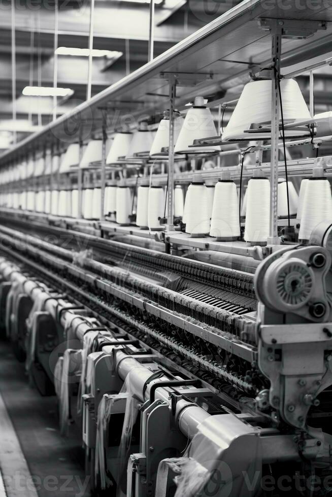 modern textiel fabriek met geautomatiseerd weefgetouwen het weven patronen ai generatief foto