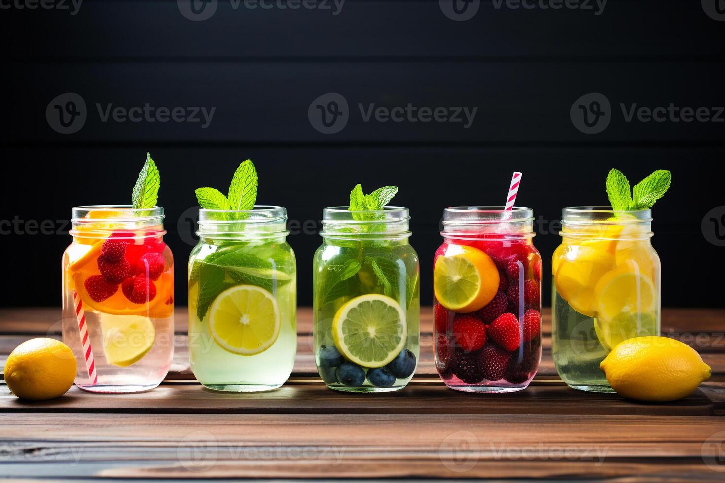 modieus assortiment van ontgiften fruit water in levendig metselaar potten Aan een rustiek houten tafelblad ai generatief foto