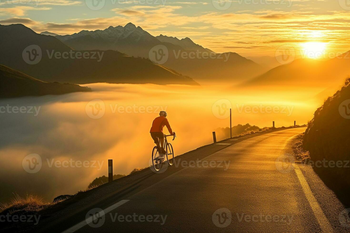 een vroeg ochtend- rijden - de fietser avontuur door een berg voorbij gaan aan ai generatief foto