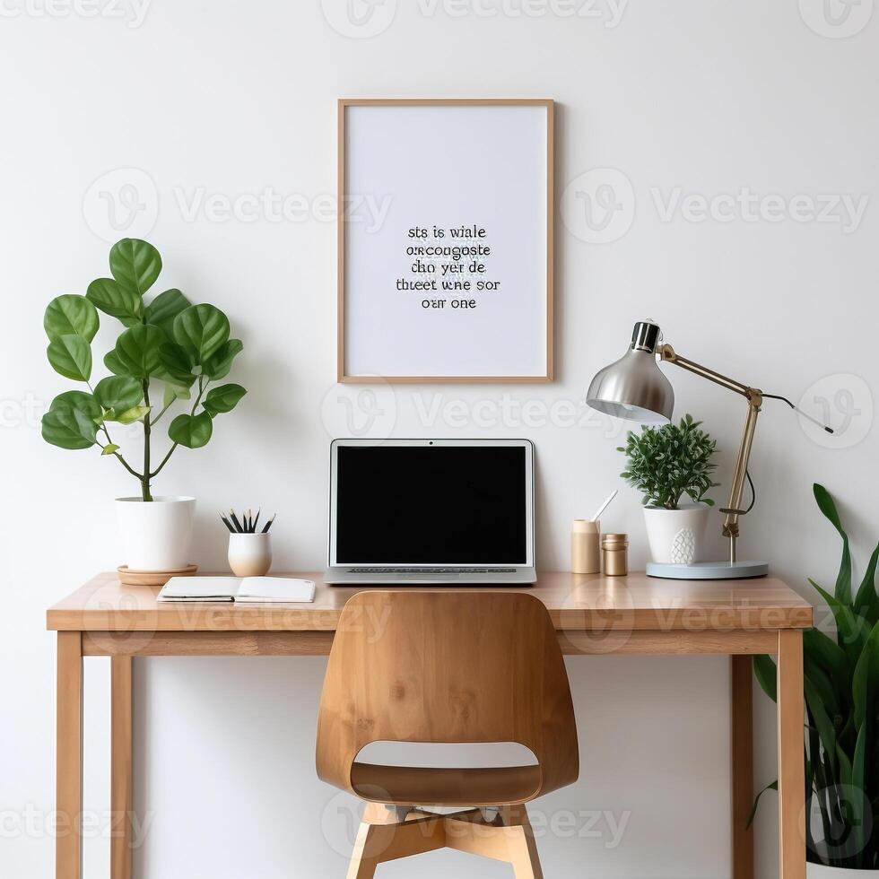 minimalistische en modern huis kantoor opstelling met een strak houten bureau en inspirerend muur citaat ai generatief foto