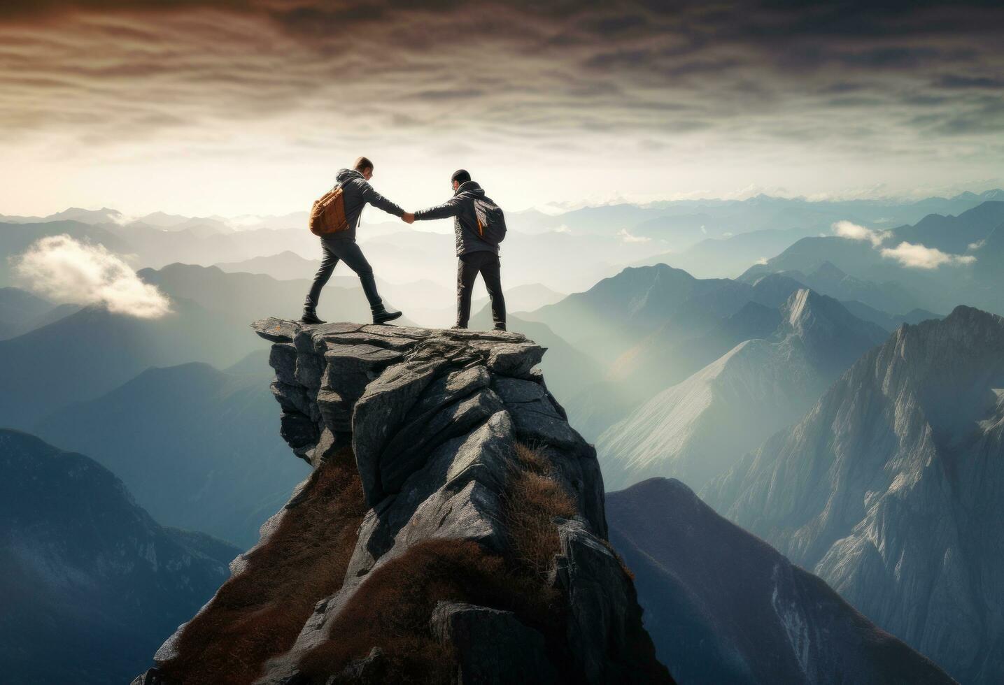 twee mensen helpen elk andere Aan een berg top foto