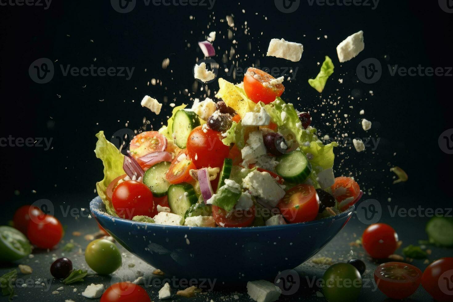 Grieks salade vliegend ingrediënten creatief dramatisch licht generatief ai foto