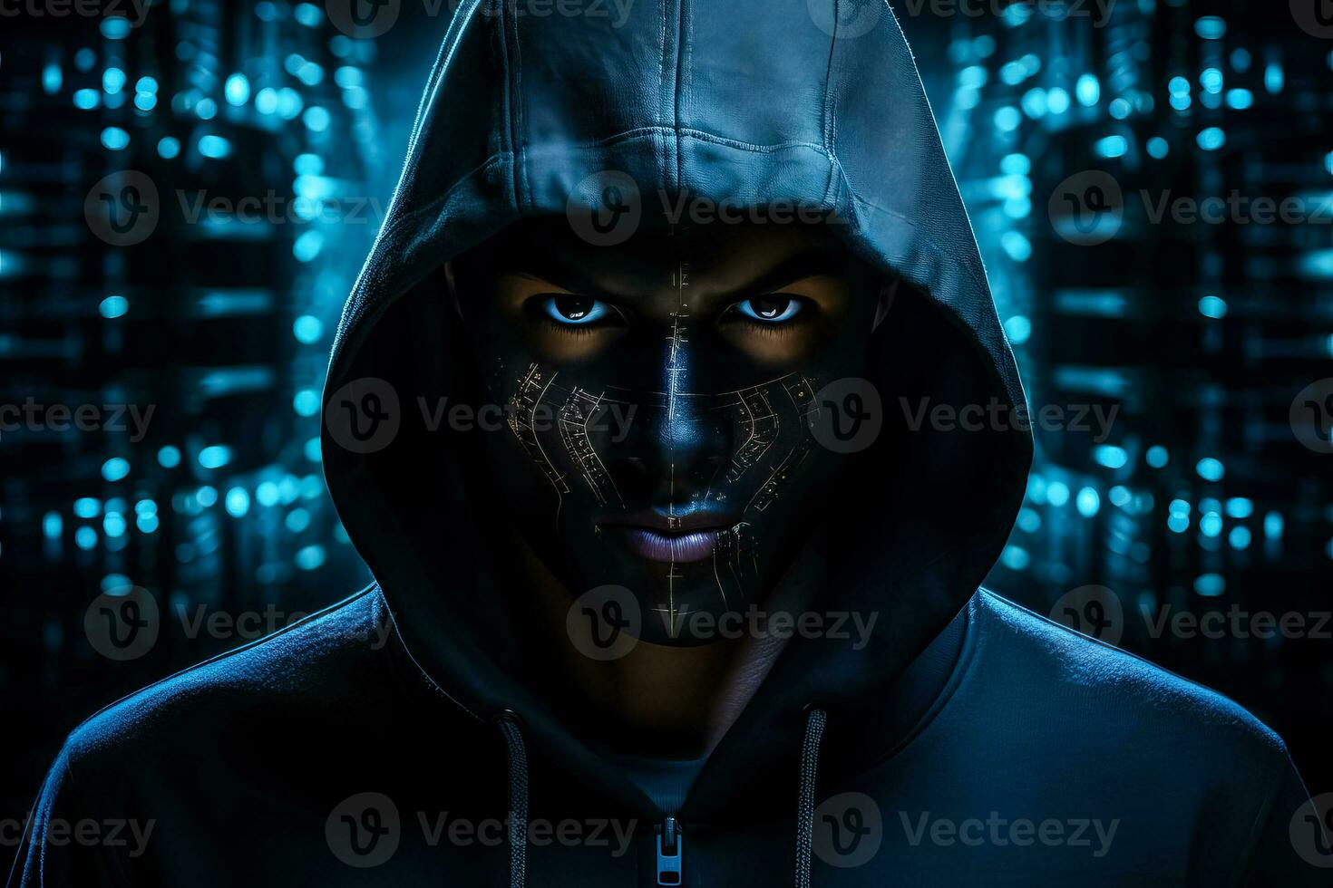 cyberveiligheid hacker met een verborgen gezicht vervelend een capuchon in een technologie-thema behang foto