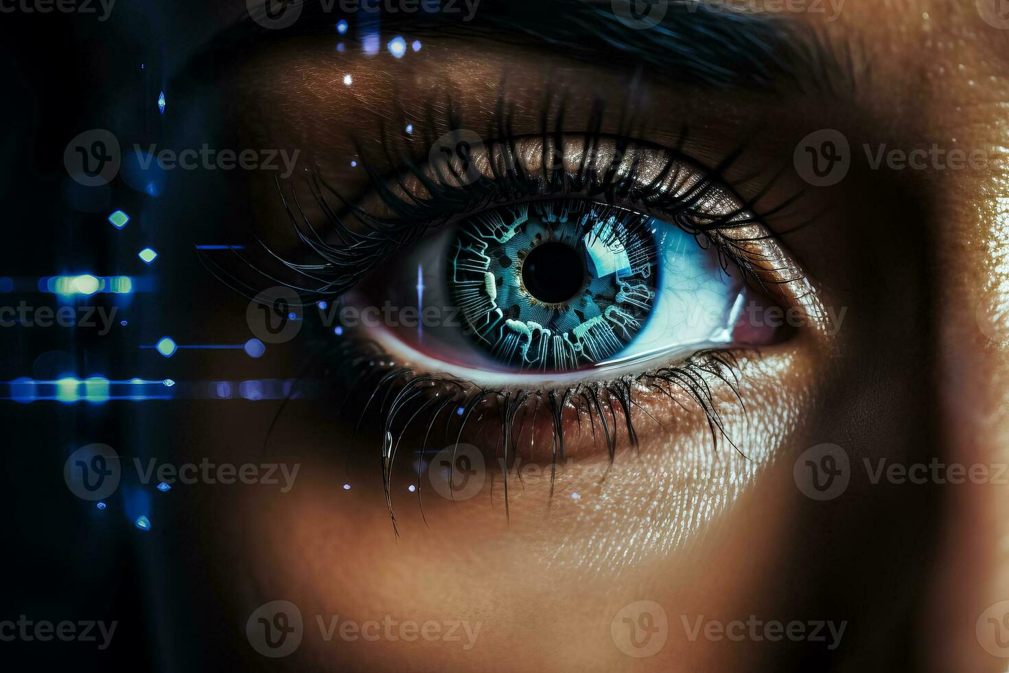 dichtbij omhoog van vrouw ogen met fotorealistisch biometrie oog scannen futuristische digitaal cyber technologie en kleurrijk gelaats herkenning Aan donker achtergrond foto