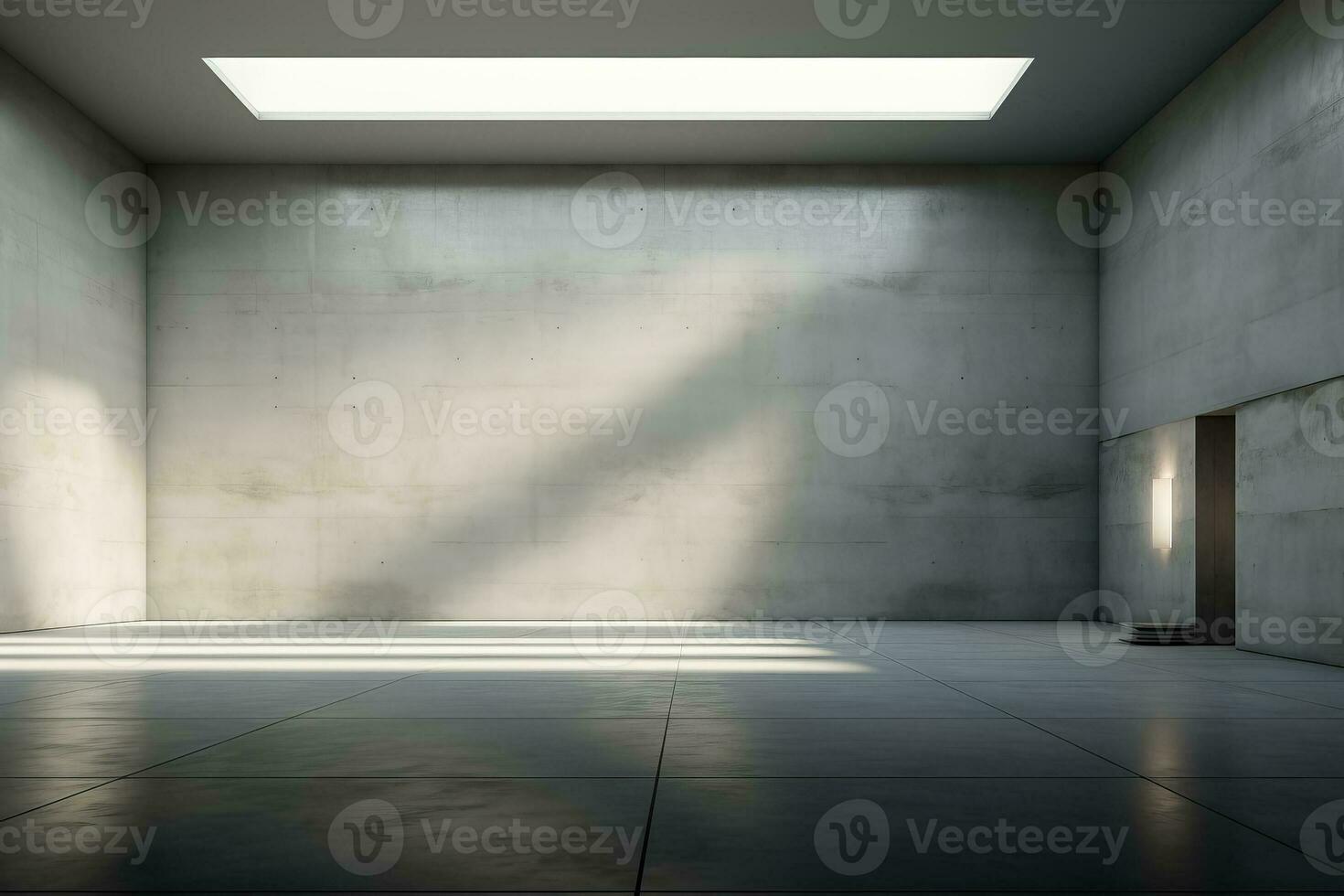 een ai-gegenereerd illustratie van een leeg kamer met beton muren een grijs verdieping en zacht dakraam foto
