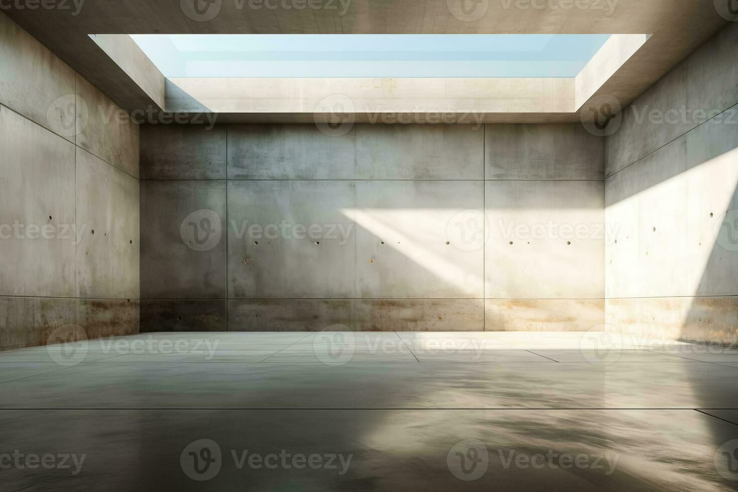 een ai-gegenereerd illustratie van een leeg kamer met beton muren een grijs verdieping en zacht dakraam foto