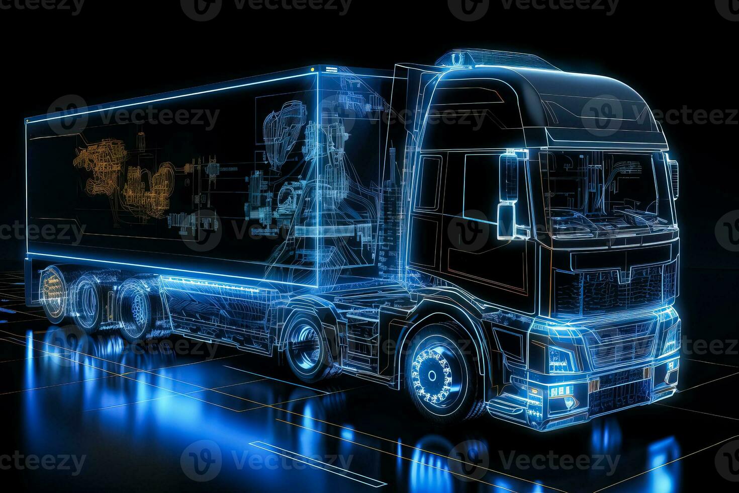 3d illustratie van een wireframe futuristische vrachtauto met een aanhangwagen foto