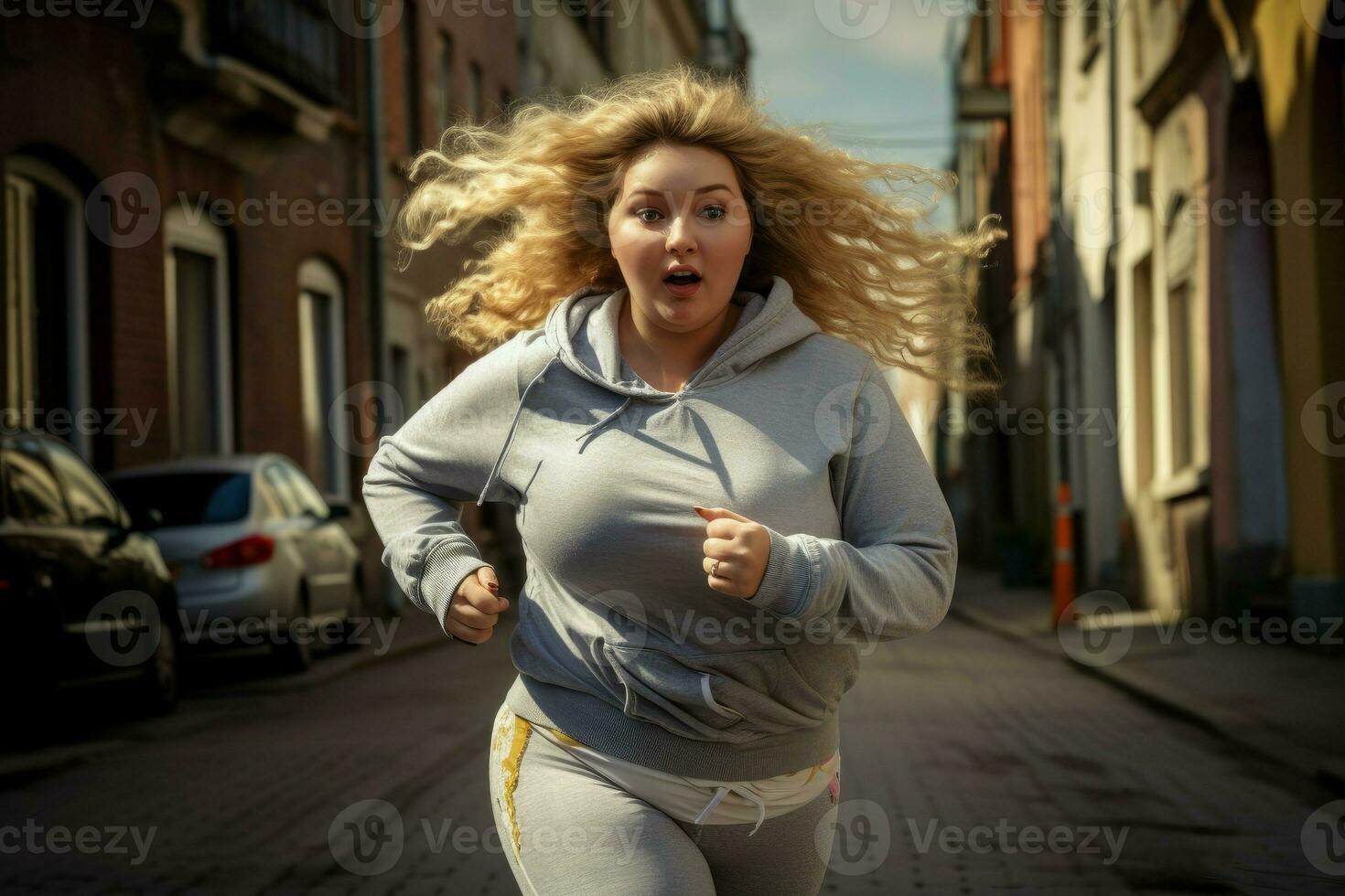 te zwaar meisje rennen in de stad straat. genereren ai foto