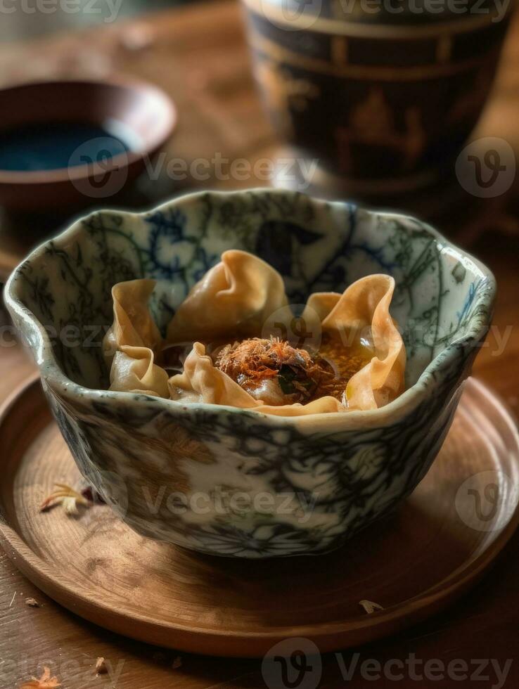 shui lan gebakken wonton voor Chinese kung pa, in de stijl van bloem en natuur motieven ai gegenereerd foto