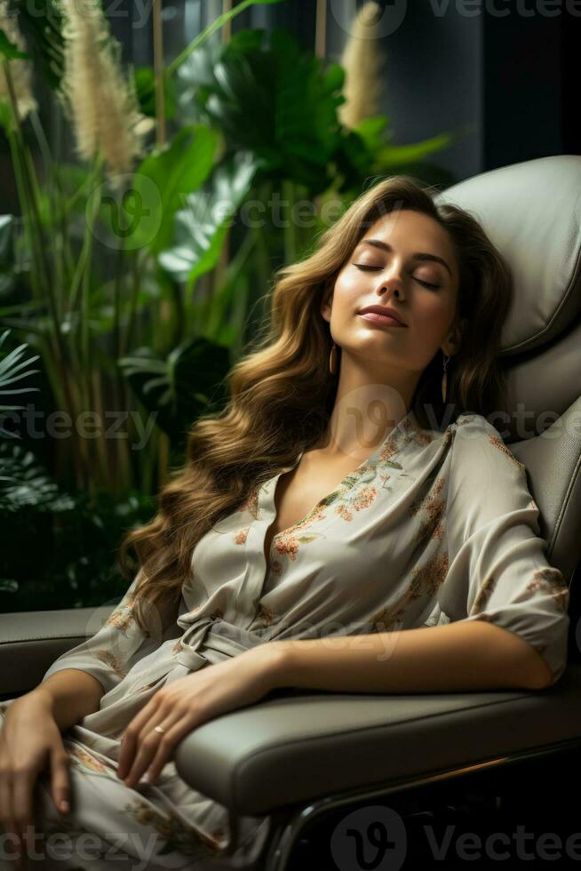 een zakenvrouw dutten in de leven kamer genieten van ontspanning Aan haar elektrisch massage stoel foto