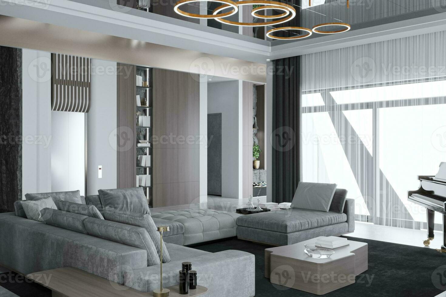 interieur ontwerp van een leven kamer voor modern en luxe levensstijl 3d renderen foto