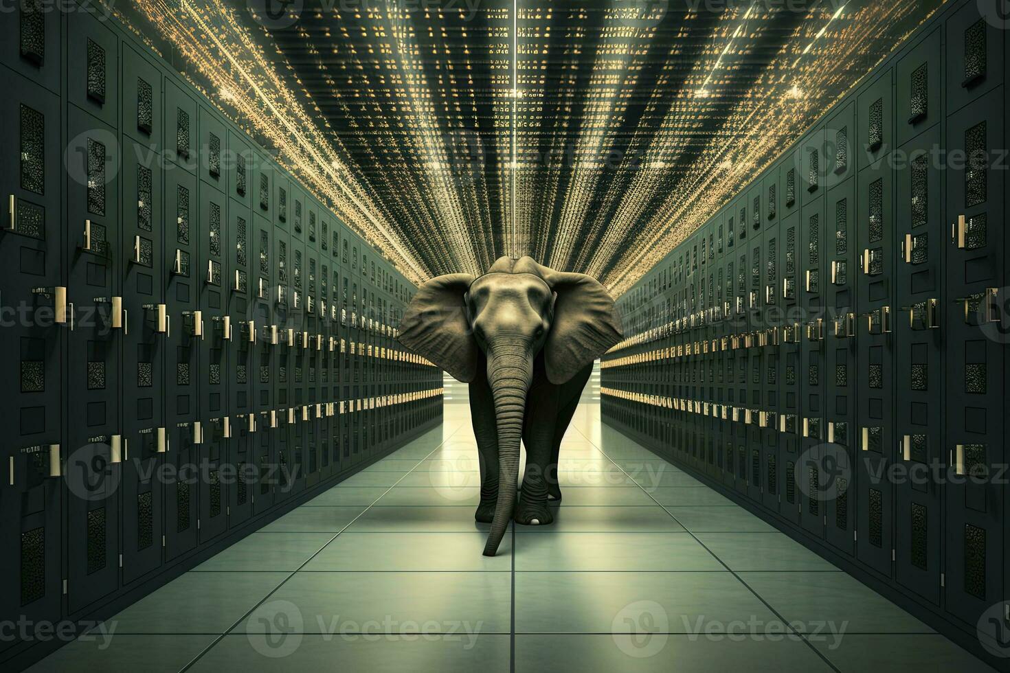 olifant in de server kamer. concept van de groot gegevens en digitaal breekbaarheid. gegenereerd ai. foto