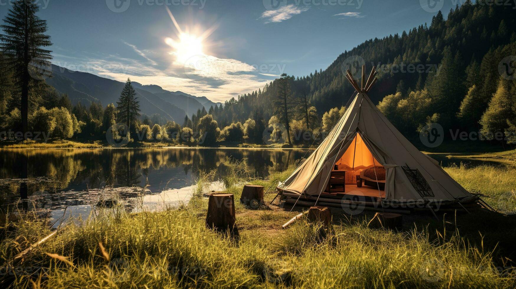 generatief ai, camping buitenshuis concept in de buurt de meer of rivier, toerist kamp Aan de mooi groen landschap met bergen foto