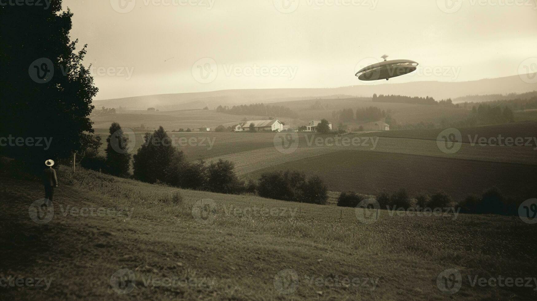 generatief ai, ufo over- de Italiaans landschap wijnoogst foto, buitenaardse wezens getuigen retro Jaren 30 stijl fotografie foto