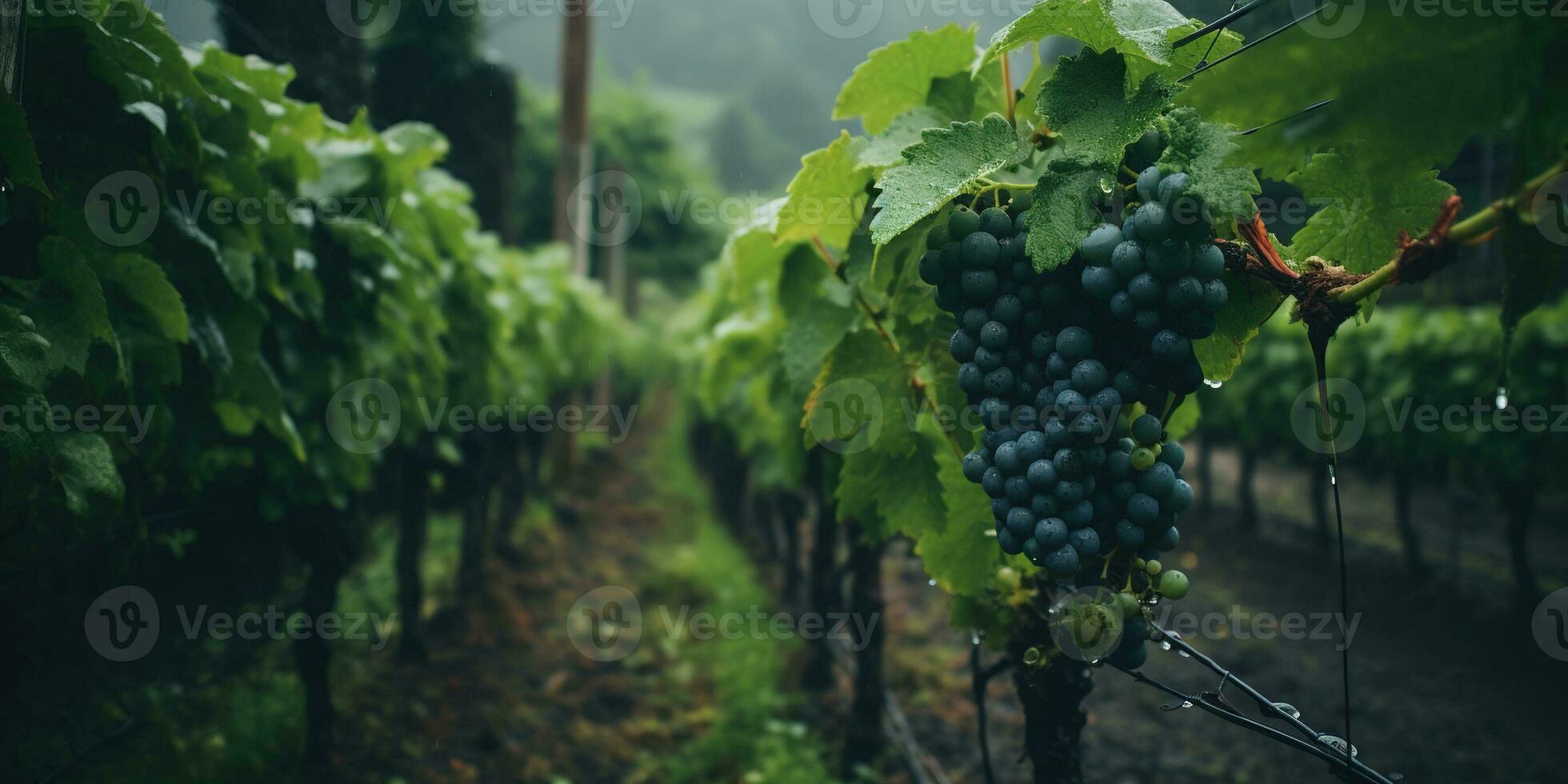 generatief ai, mooi Italiaans wijngaard, groen landschap. rijen van wijnstokken Aan zonsondergang foto