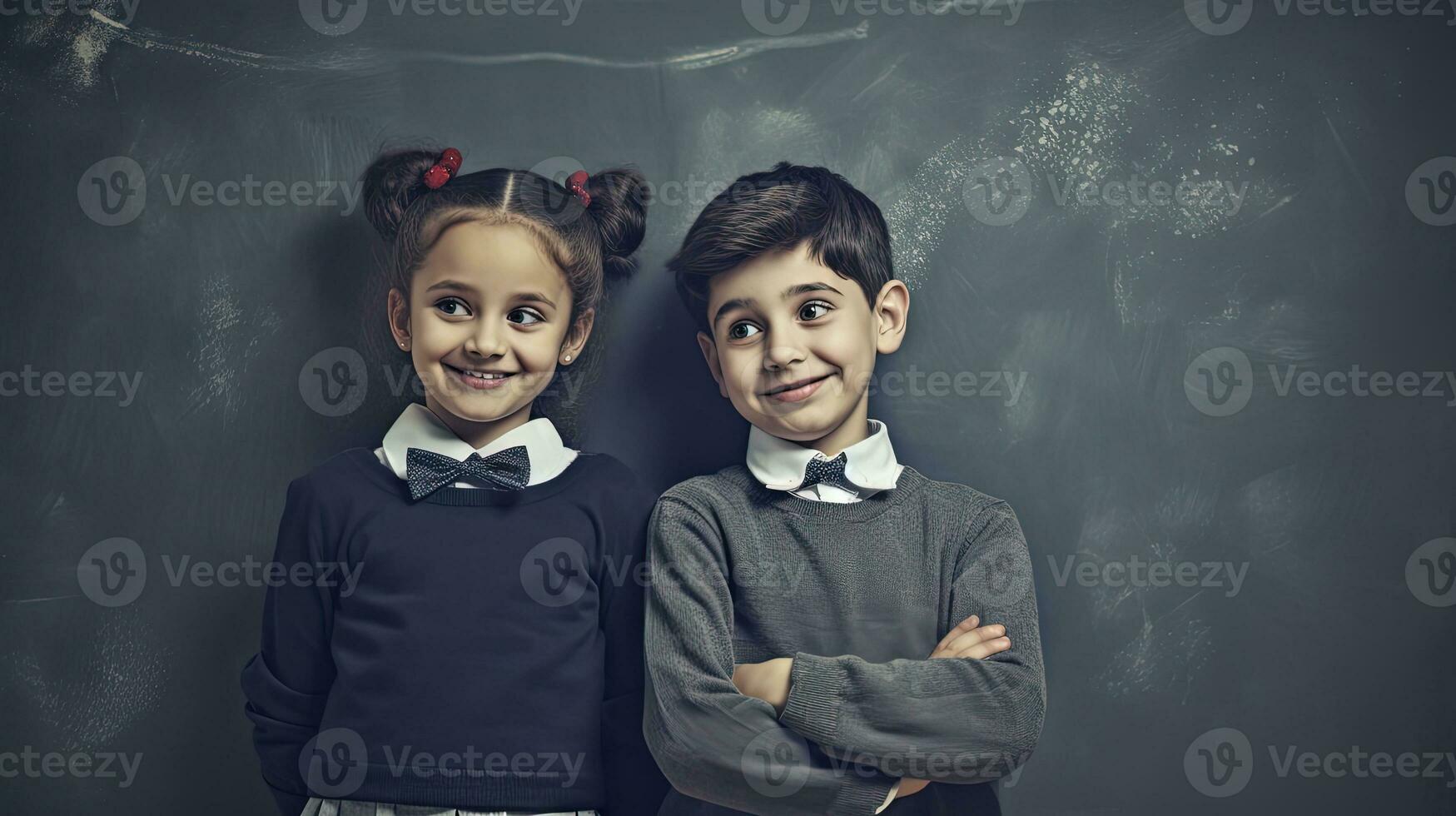 school- leerling, jongen en meisje staand in voorkant van zwart bord. school- kinderen paar. gegenereerd ai. foto