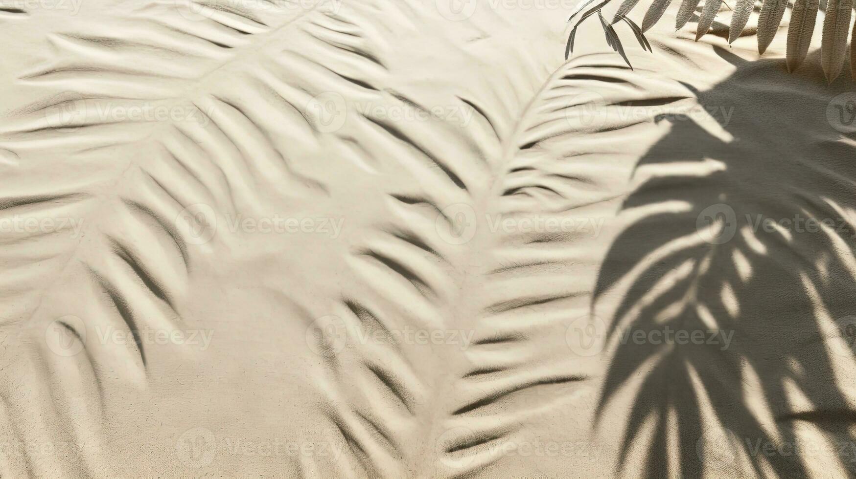 plam bladeren Aan de tropisch strand zand achtergrond. vakantie en ontspanning concept met droog palm bladeren Aan de heet zomer strand. gegenereerd ai. foto