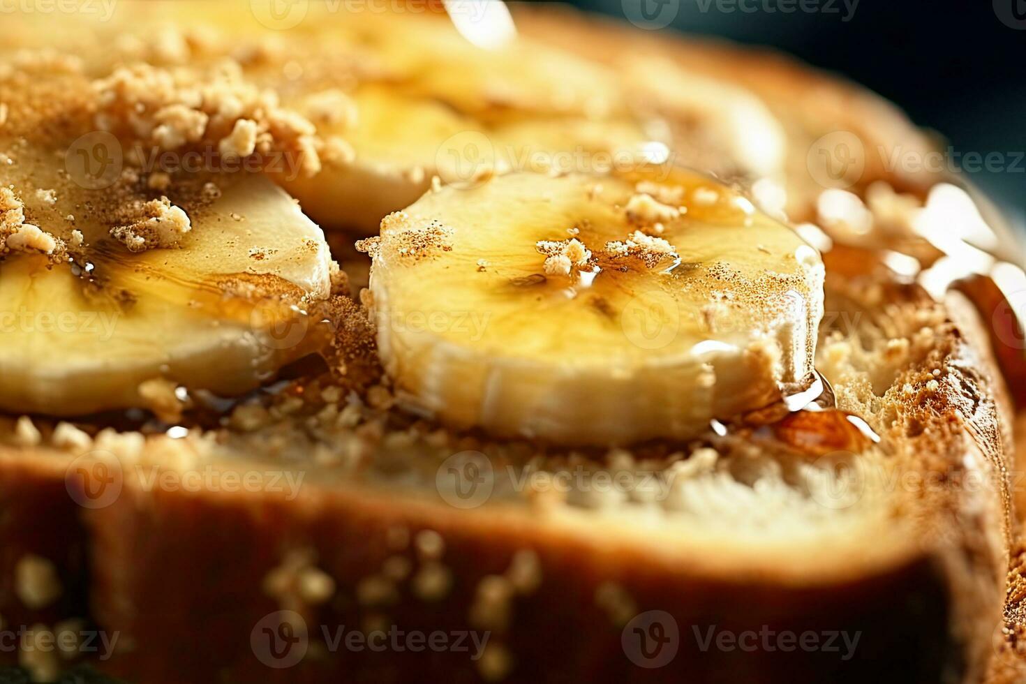 banaan geroosterd brood, macro schot van een vers ontbijt met druipend honing, ai gegenereerd foto