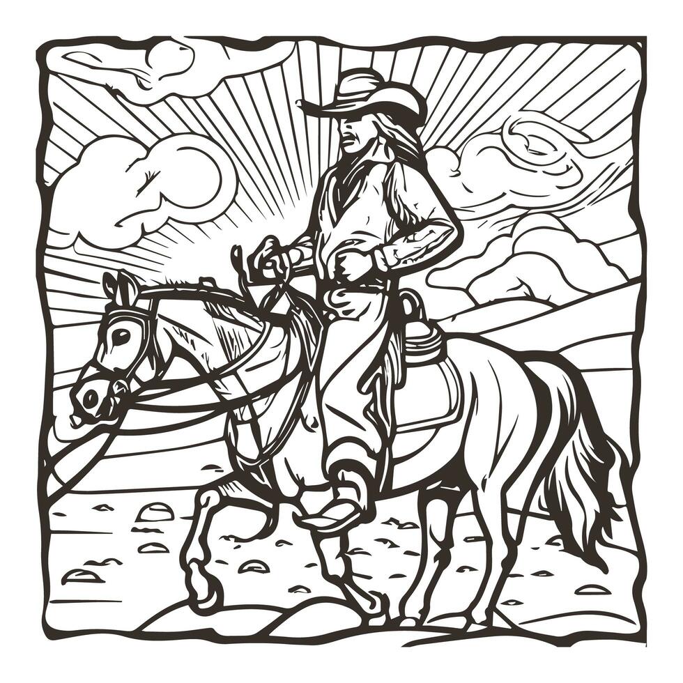 rodeo western wijnoogst cowboy hand- getrokken kunstwerk. cowboy kleur bladzijde vector foto