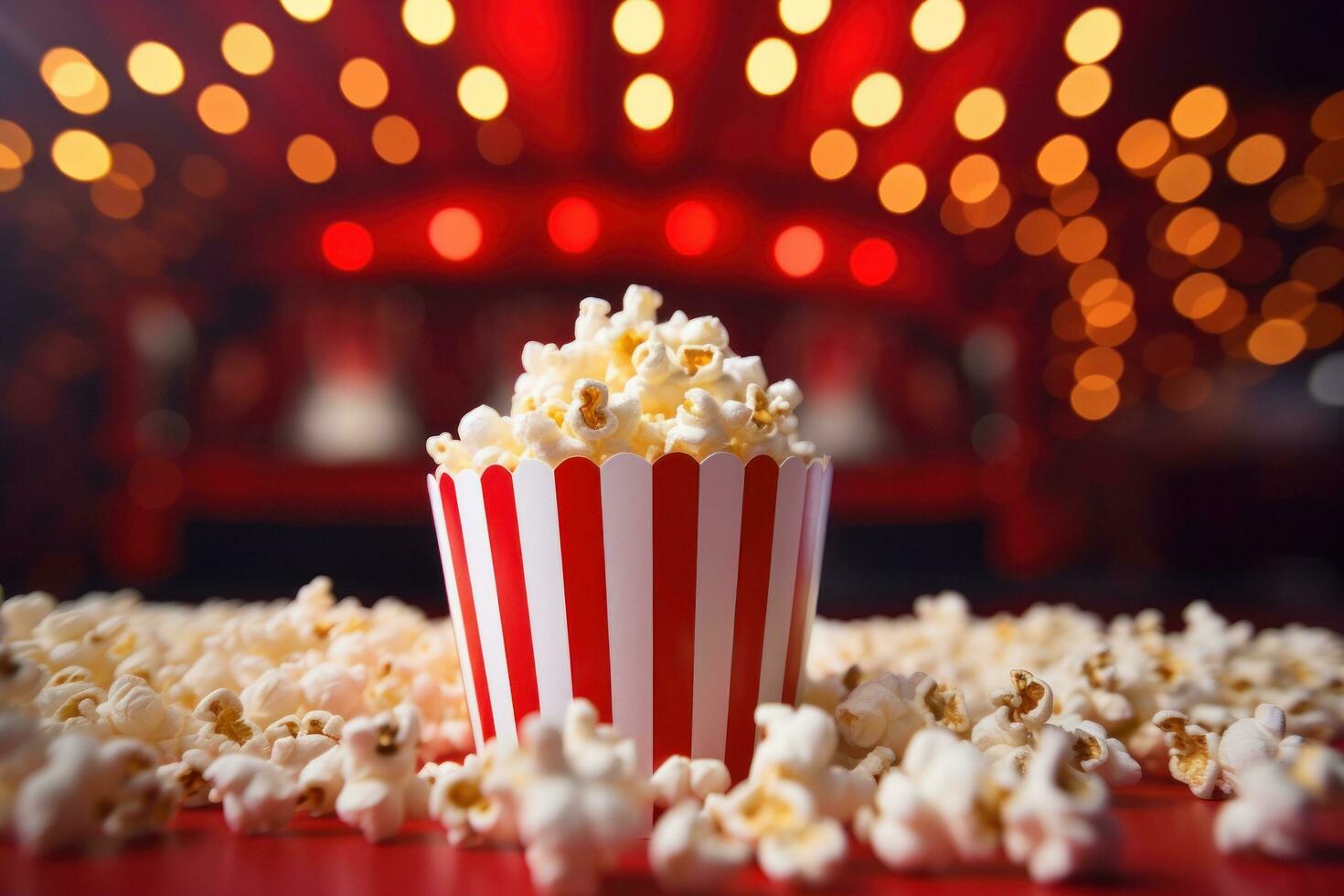 een popcorn gestreept papier zak in een theater omringd door lichten foto