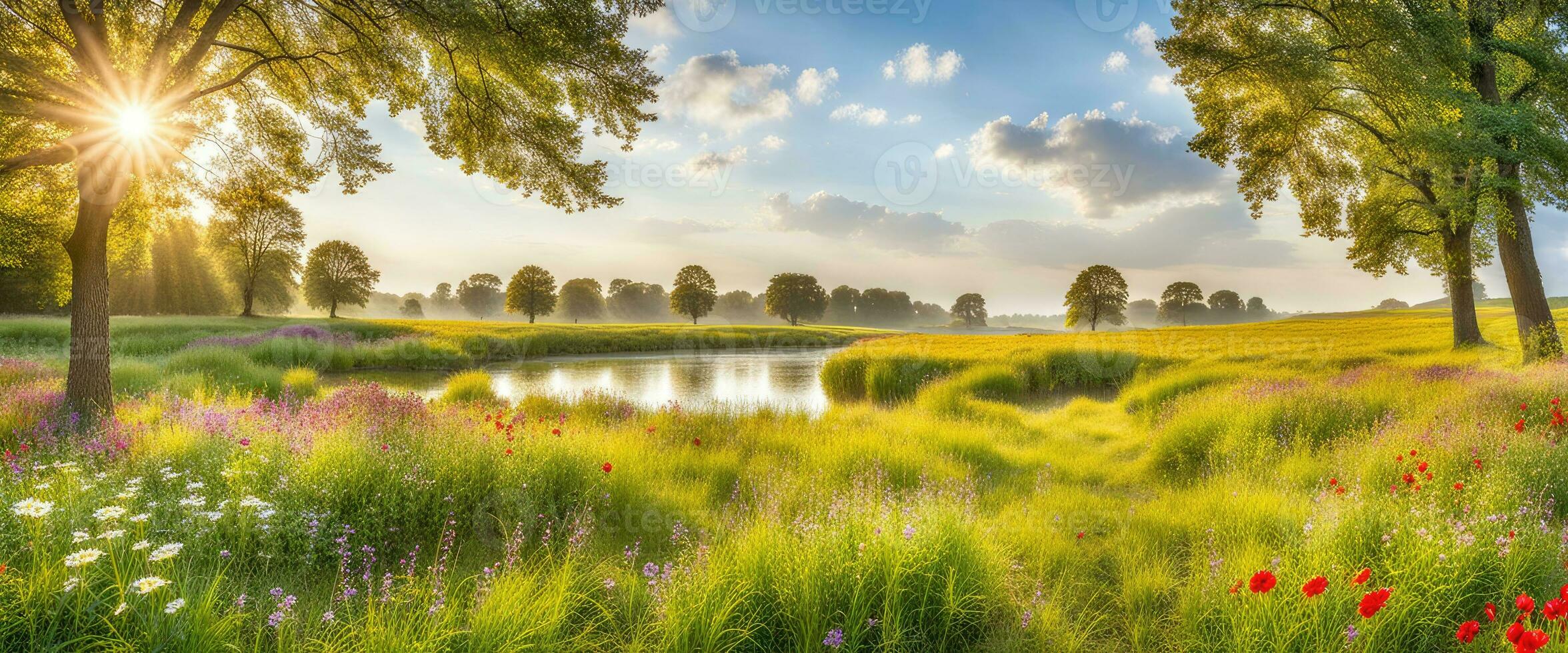 landschap concept achtergrond mooi weiden en natuurlijk vijver in zomertijd gemaakt met ai generatief foto
