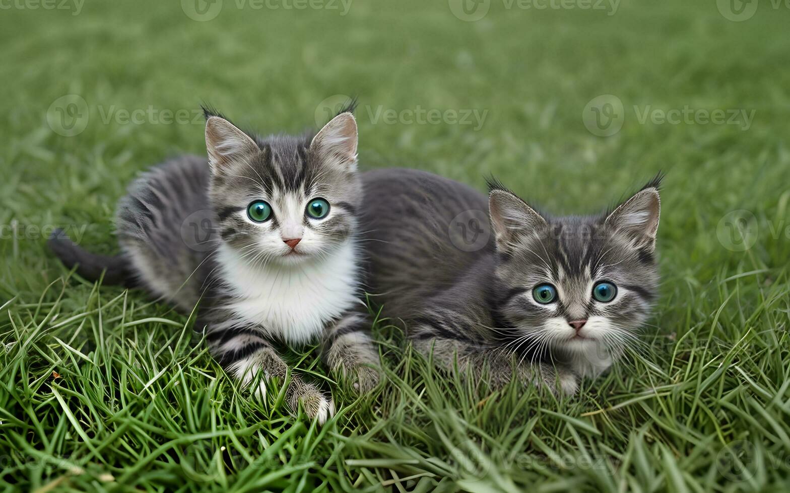 schattig weinig kat in groen gras door licht wazig achtergrond. ai generatief foto