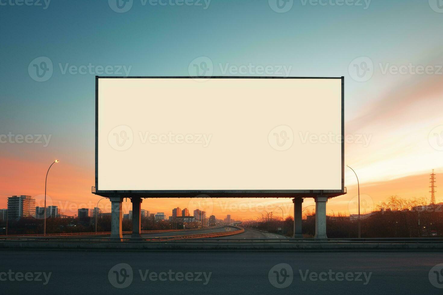 levendig zonsondergang vormen een vurig backdrop voor een blanco aanplakbord kader, perfect voor stoutmoedig reclame ai generatief foto