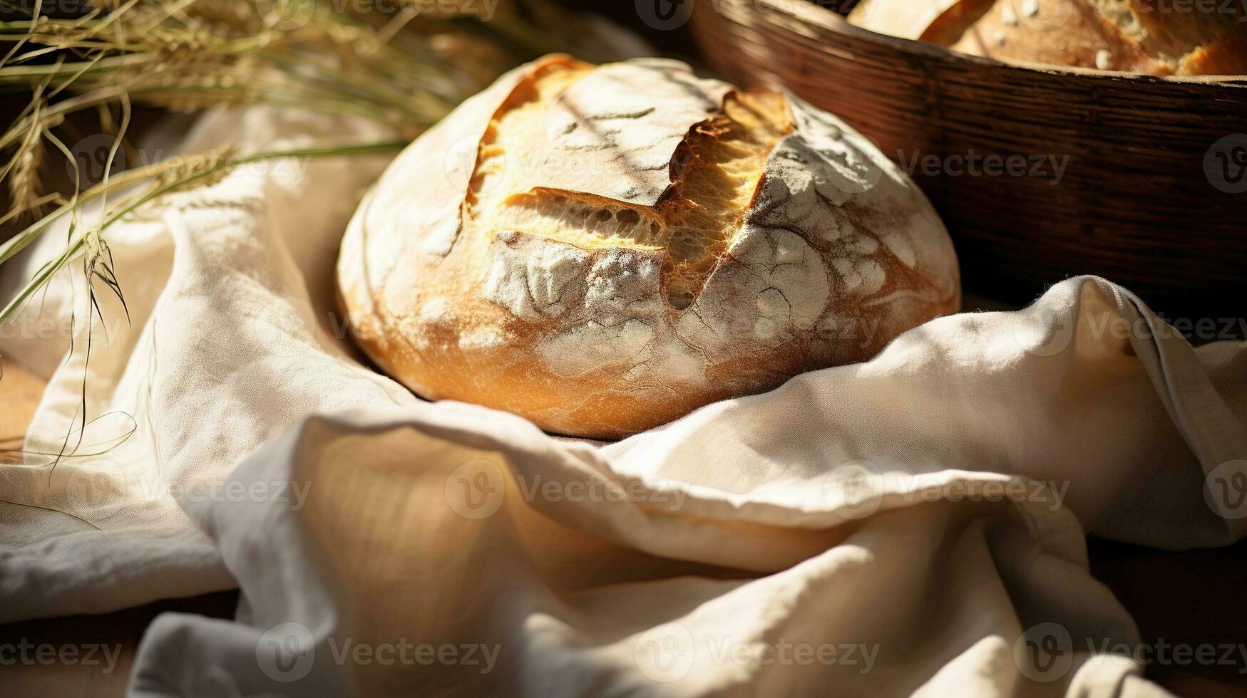 generatief ai, vers gebakken brood of bakkerij Bij de huis keuken, ecologisch natuurlijk gebakjes, linnen tafel slijtage en tarwe foto