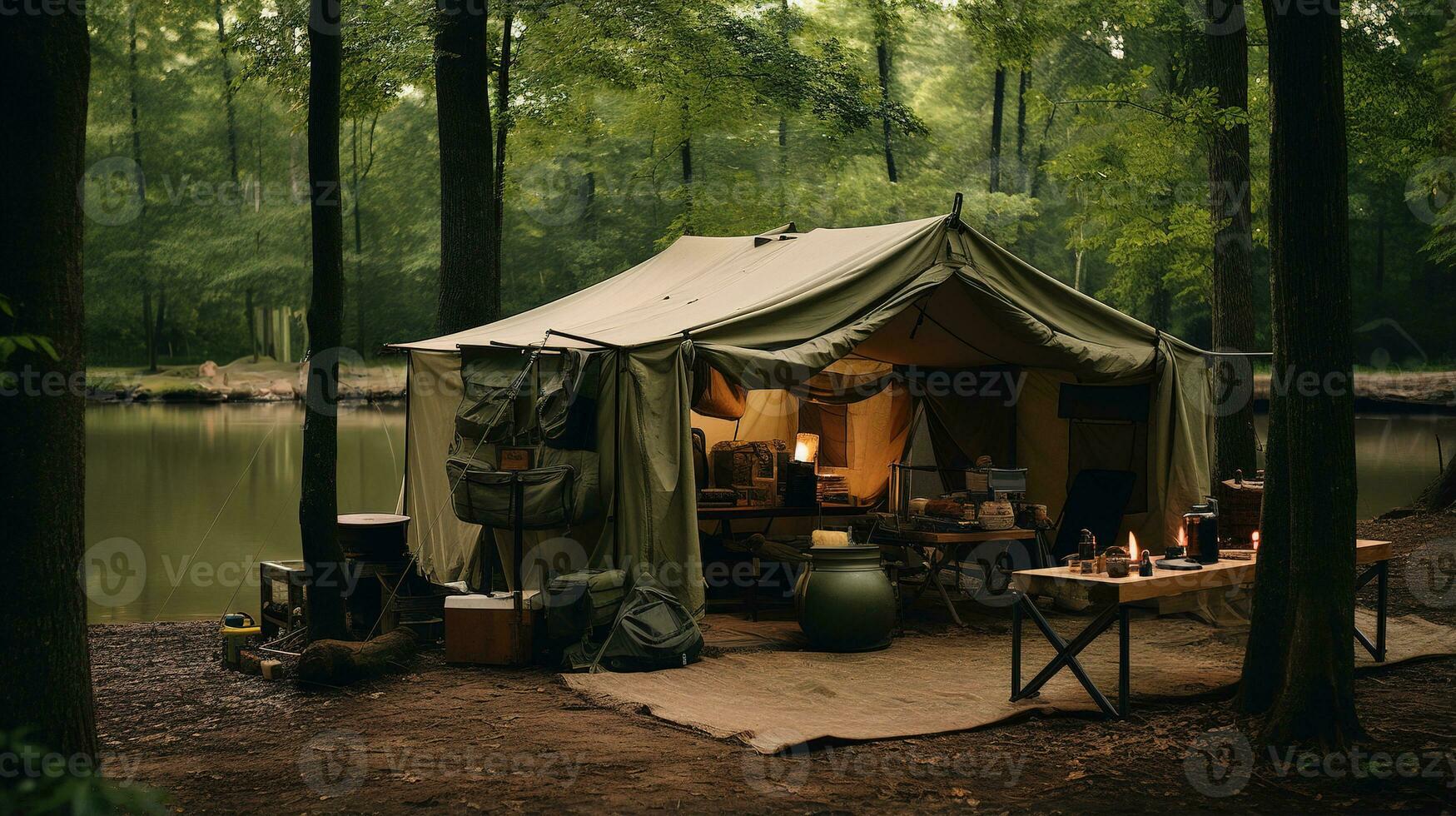 generatief ai, camping buitenshuis concept in neutrale gedempt kleuren, toerist kamp foto