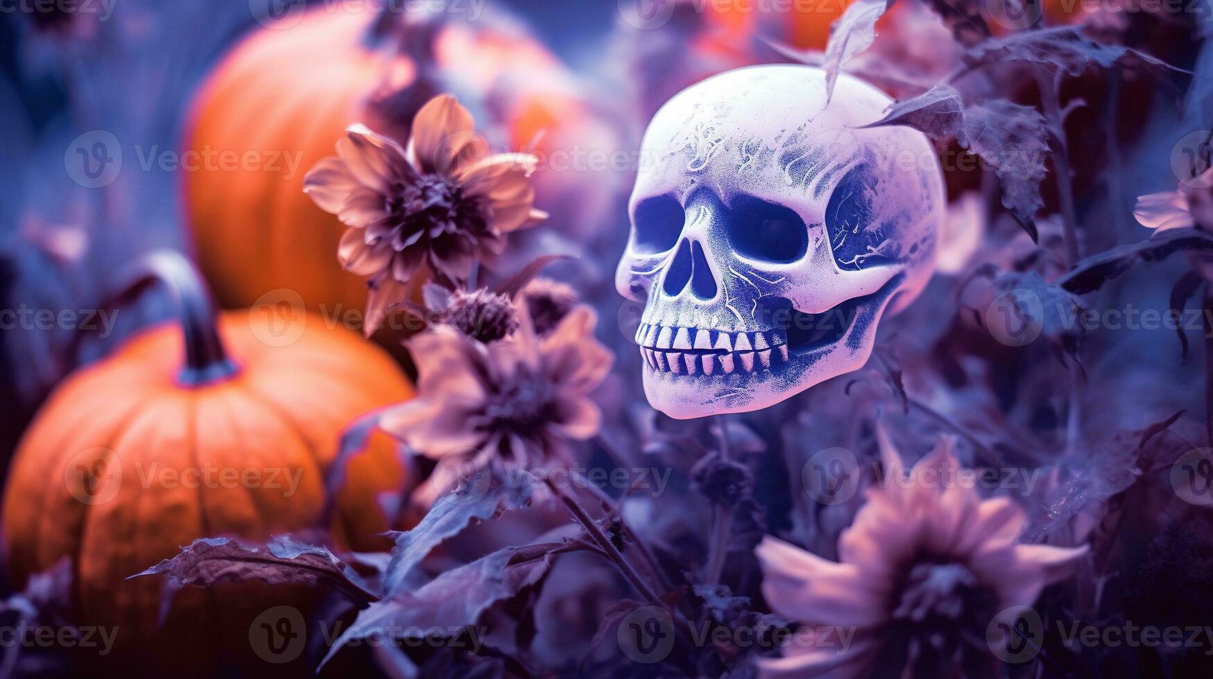 generatief ai, halloween duotoon achtergrond met bloemen en pompoen foto