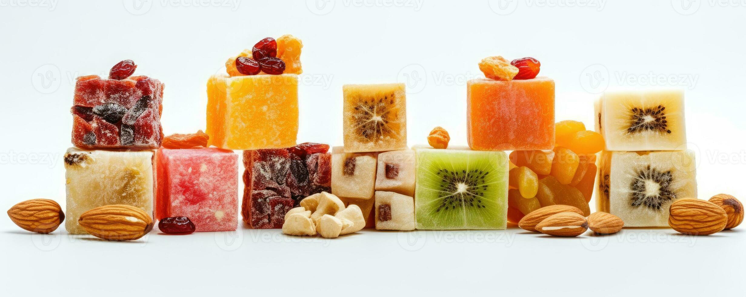 kubus gevormd, mengen droog fruit Aan wit achtergrond, ai gegenereerd foto