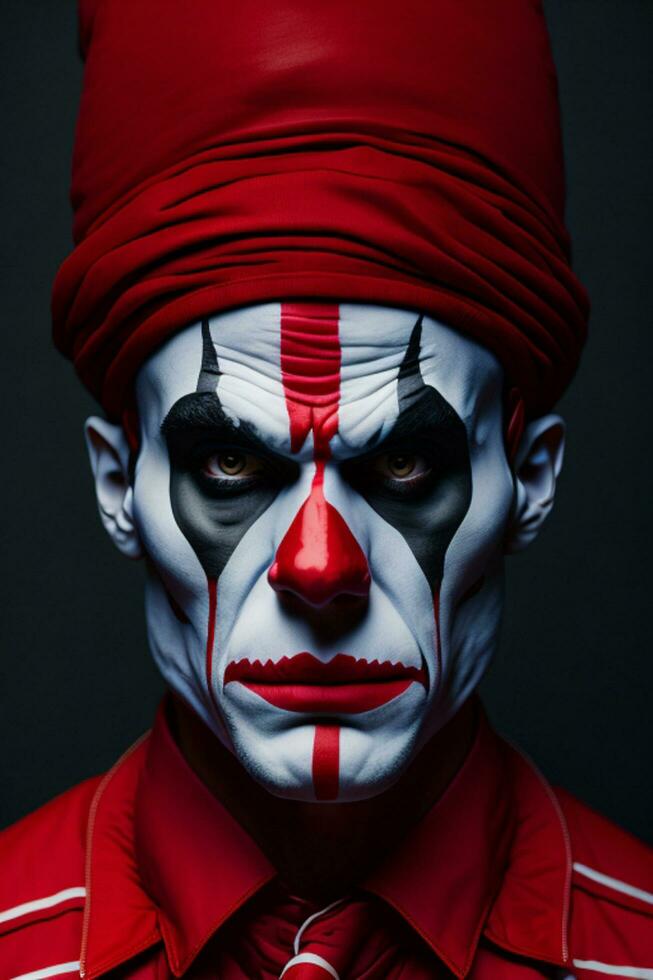 angstaanjagend halloween clown, portret van een sinister rood geschikt nar, ai gegenereerd foto