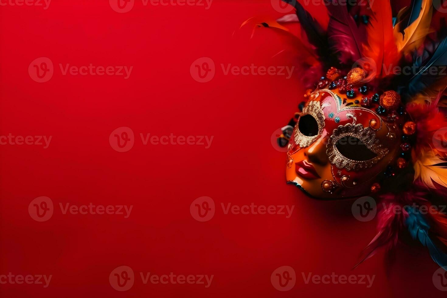 mooi carnaval masker met veren Aan rood achtergrond met copyspace foto