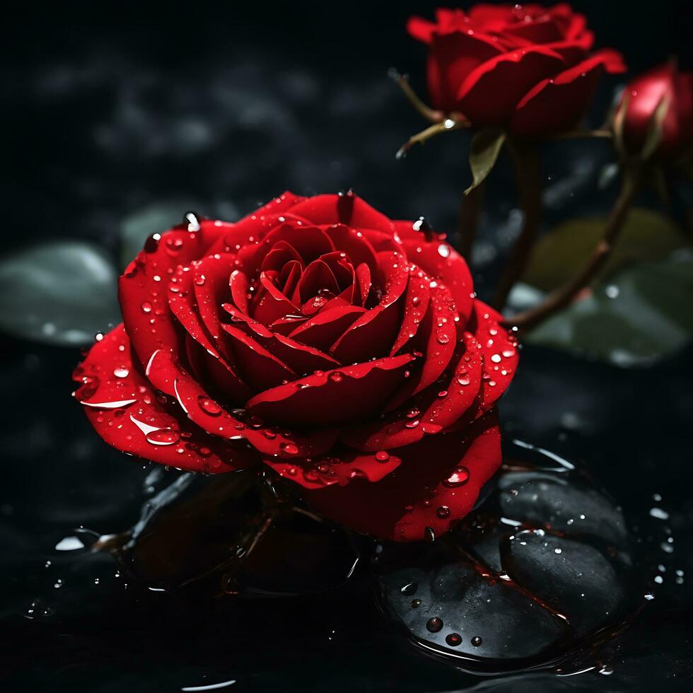 een rood roos bloem met water laten vallen in donker thema generatief ai foto
