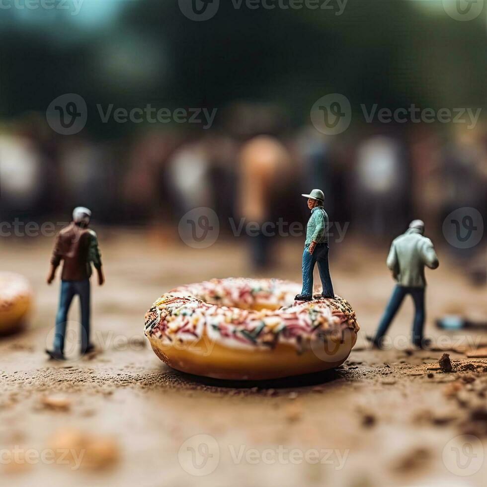 sociaal structuren donut met marshmallows en klein mensen, ai gegenereerd foto