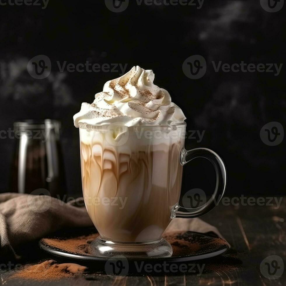 heet chocola met geslagen room Aan een houten tafel. ai gegenereerd. foto