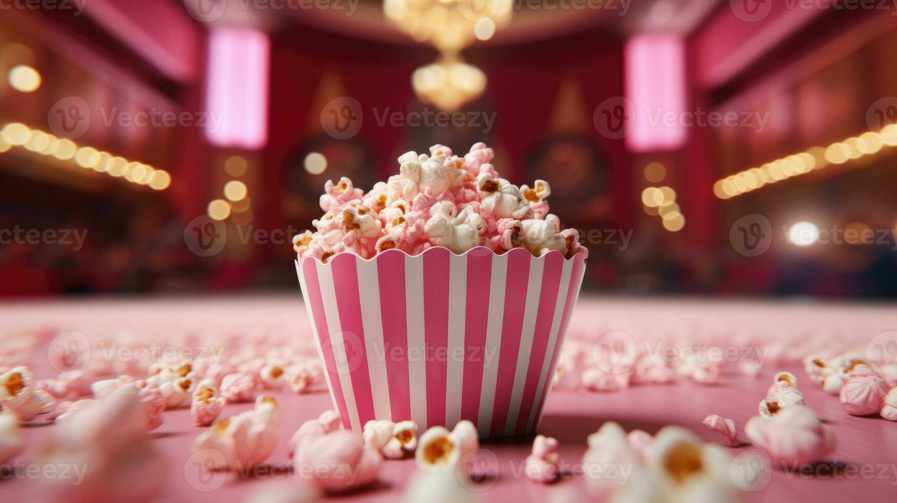 popcorn in een emmer Aan een roze wazig achtergrond in bioscoop hal foto