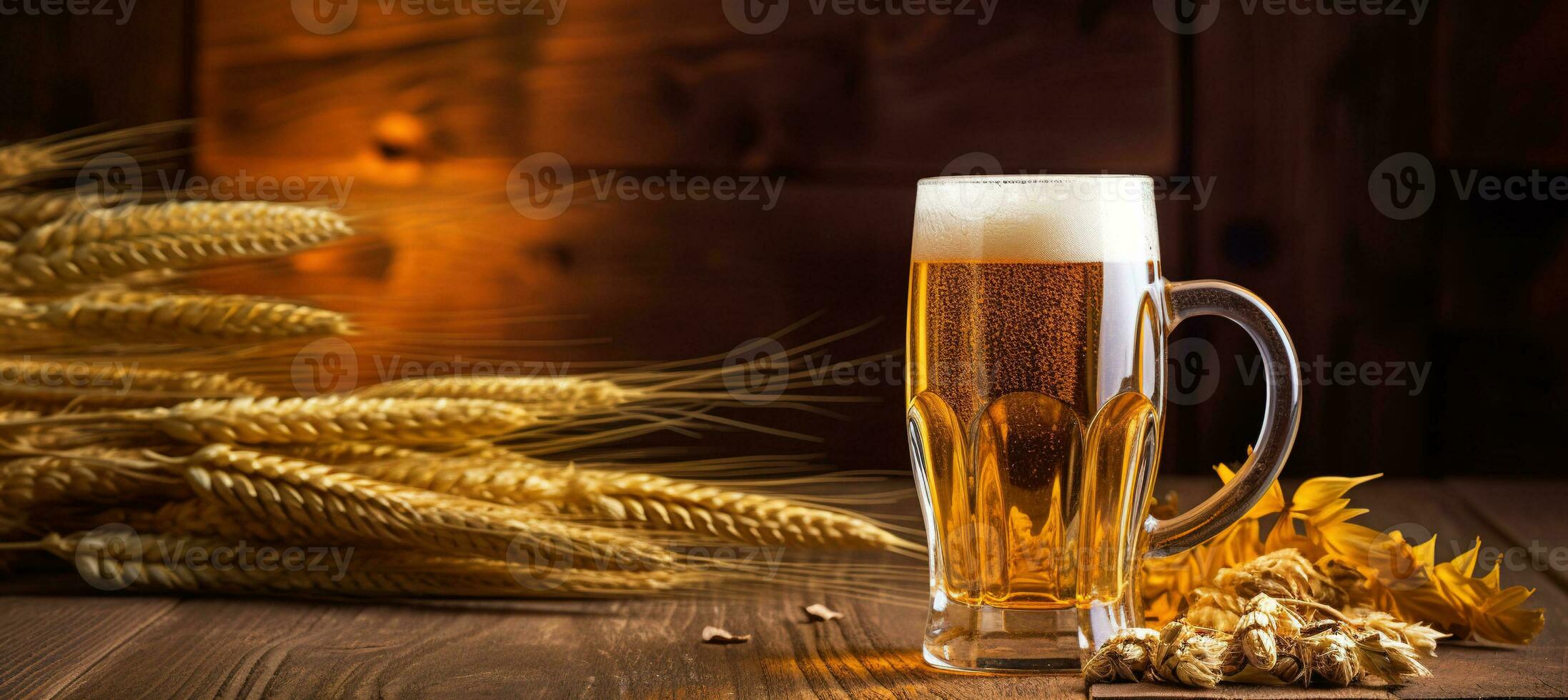 bier in een mok Aan een houten tafel. een glas bier tegen de achtergrond van oren van tarwe. ai gegenereerd foto