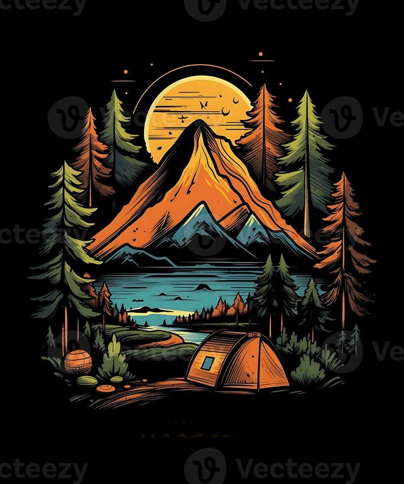 berg zomer camping t-shirt ontwerp achtergrond foto